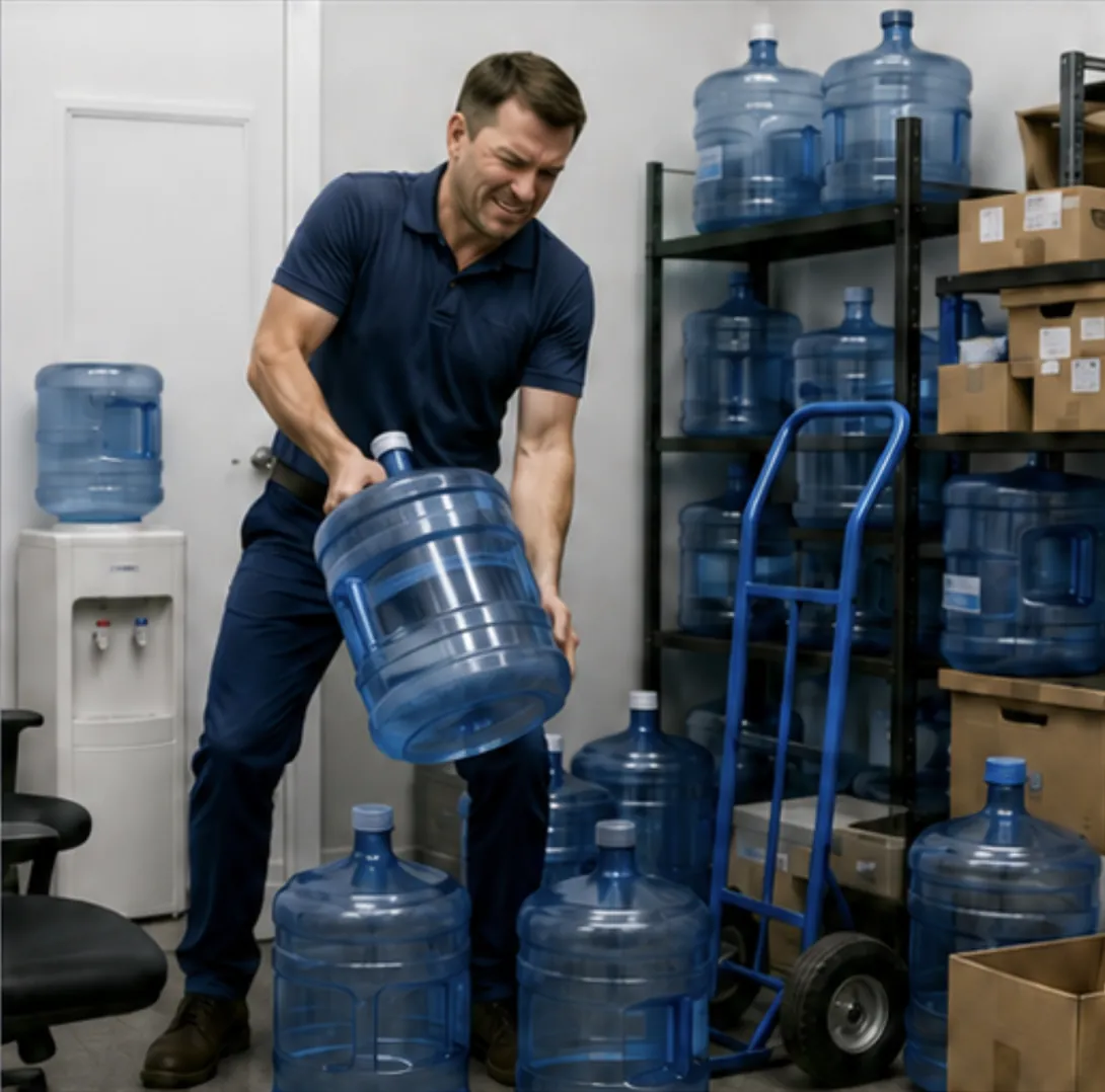 Worker lifting large bottled water jugs in storage