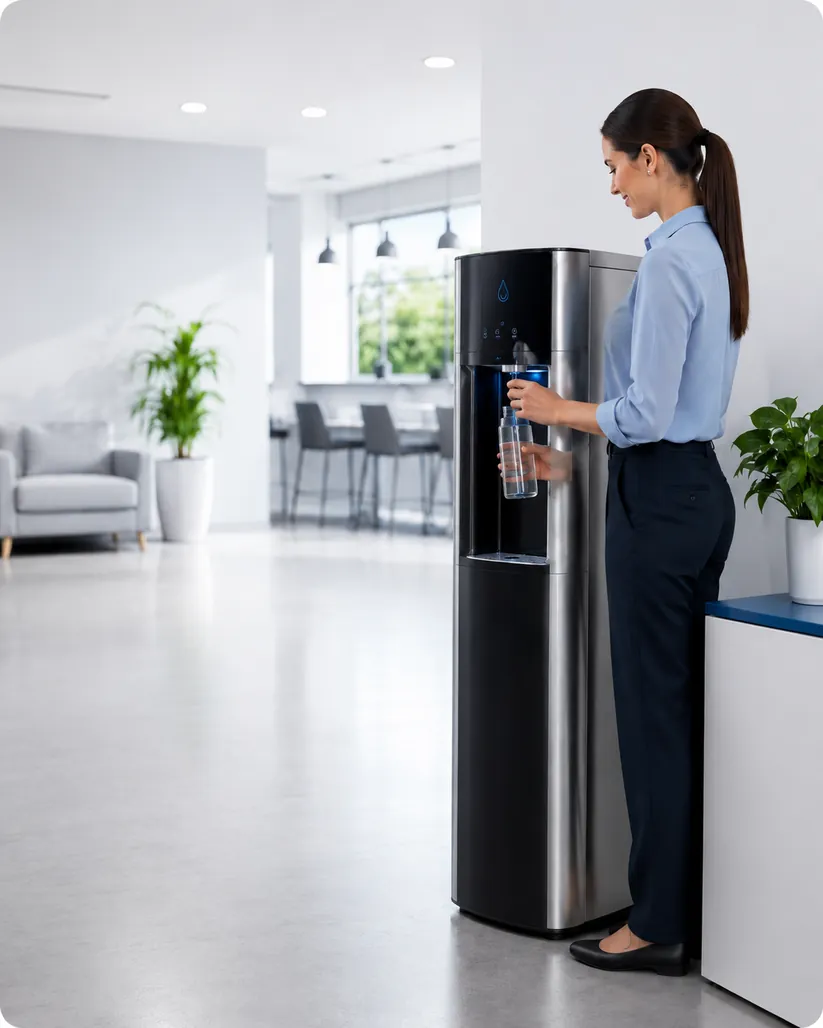 Person dispensing filtered water from an Acqua Fresca bottleless cooler